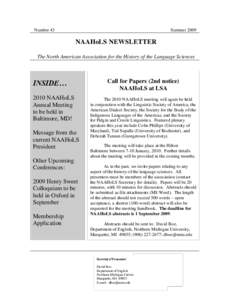 Number 43  Summer 2009 NAAHoLS NEWSLETTER The North American Association for the History of the Language Sciences