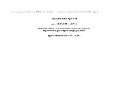 Addendum List of Approved Active Constituents - APVMA Gazette 11, 5 November 2002