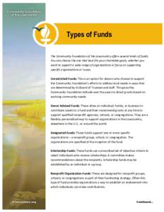 Types of Funds The Community Foundation of the Lowcountry offers several kinds of funds. You can choose the one that best fits your charitable goals, whether you want to support a wide range of organizations or focus on 
