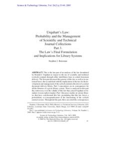 Science & Technology Libraries, Vol[removed]p.33-69, 2005  Urquhart’s Law: Probability and the Management of Scientific and Technical Journal Collections