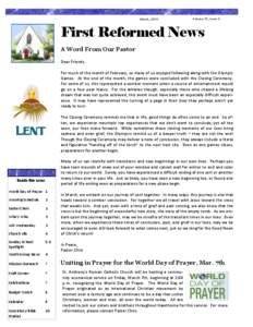 March, 2014  Volume 12, Issue 3 First Reformed News A Word From Our Pastor