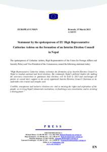 EUROPEA5 U5IO5  Brussels, 15 March 2013 A[removed]Statement by the spokesperson of EU High Representative