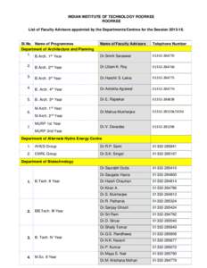 INDIAN INSTITUTE OF TECHNOLOGY ROORKEE ROORKEE List of Faculty Advisors appointed by the Departments/Centres for the SessionSl.No. Name of Programmes Department of Architecture and Planning
