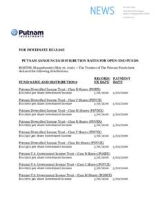FOR IMMEDIATE RELEASE PUTNAM ANNOUNCES DISTRIBUTION RATES FOR OPEN-END FUNDS BOSTON, Massachusetts (May 16, The Trustees of The Putnam Funds have declared the following distributions. FUND NAME AND DISTRIBUTIONS
