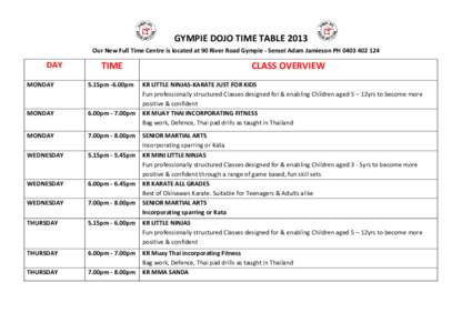 GYMPIE DOJO TIME TABLE 2013 Our New Full Time Centre is located at 90 River Road Gympie - Sensei Adam Jamieson PHDAY  TIME
