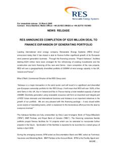 RES Signs Deal for Construction of Nine Canyon Wind Farm in US - First Wind Project to be Financed by Sale of Bonds