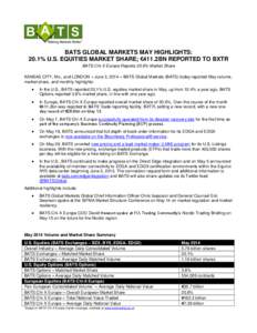 BATS GLOBAL MARKETS MAY HIGHLIGHTS: 20.1% U.S. EQUITIES MARKET SHARE; €411.2BN REPORTED TO BXTR BATS Chi-X Europe Reports 20.6% Market Share KANSAS CITY, Mo., and LONDON – June 3, 2014 – BATS Global Markets (BATS) 