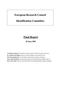 European Research Council Identification Committee Final Report 20 June 2005