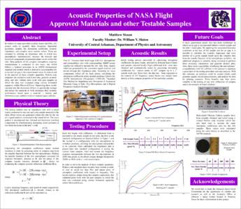 Acoustic Properties of NASA Flight Approved Materials and other Testable Samples Abstract In relation to many provided acoustic foams and felts, this project seeks to quantify three frequency dependent quantities; namely
