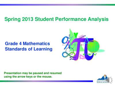 Spring 2013 Student Performance Analysis  Grade 4 Mathematics Standards of Learning  Presentation may be paused and resumed