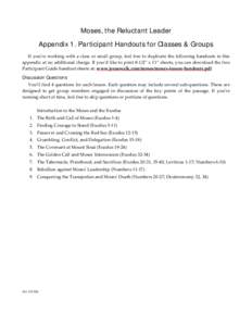 Moses, the Reluctant Leader Appendix 1. Participant Handouts for Classes & Groups If you’re working with a class or small group, feel free to duplicate the following handouts in this  appendix at no