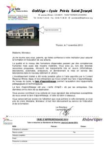 Collège – Lycée Privés Saint-Joseph 16, avenue d’Evian – CS[removed]THONON LES BAINS Tél : [removed]Fax : [removed] - @ : [removed] Etage des laboratoires  Thonon, le 7 novem