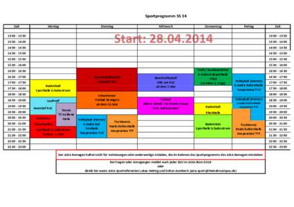 Sportprogramm SS 14 Zeit Montag  Dienstag