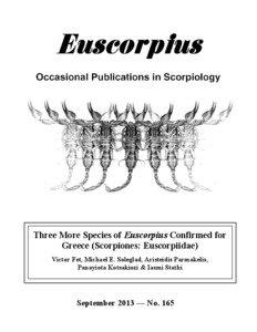 Three More Species of Euscorpius Confirmed for Greece (Scorpiones: Euscorpiidae) Victor Fet, Michael E. Soleglad, Aristeidis Parmakelis,