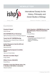 NEWSLETTER International Society for the History, Philosophy and Social Studies of Biology Spring 2016