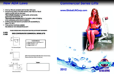 New ADA Laws  Commercial Series Lifts •	 All of our lifts are compliant with the New ADA Laws •	 All swimming pools in the USA that fall under Title II or Title III
