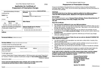 Isle of Man National Health Service  Application for Certificate of Prepayment of Prescription Charges  Isle of Man National Health Service