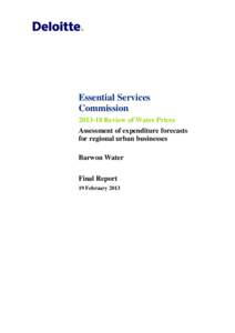 Essential Services Commission[removed]Review of Water Prices Assessment of expenditure forecasts for regional urban businesses Barwon Water