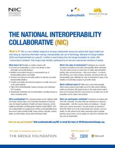 THE NATIONAL INTEROPERABILITY COLLABORATIVE (NIC) What is it? NIC is a new initiative designed to increase collaboration among the sectors that impact health and well-being by improving information-sharing, interoperabil