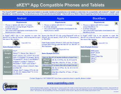 eKEY® App Compatible Phones and Tablets The Supra® eKEY® application is rigorously tested on popular models of smartphones and tablets to determine its compatibility with AndroidTM, Apple®, and BlackBerry® mobile de