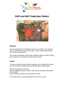 FAST and EASY Teddy Bear Pattern  Materials: Use the appropriate size of needles for the yarn you choose. The weight of the yarn will determine the size of the bear. Size 3.75 with double knitting yarn would be a good ma