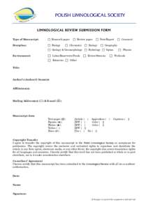Microsoft Word - SUBMISSION FORM & COPYRIGHT AGREEMENT_Limnol. Rev.doc