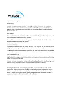 NSW Adaptive Rowing Information Classifications Adaptive rowing provides opportunities for a wide range of athletes with physical and intellectual impairments to compete in an inclusive environment. In Australia, there a