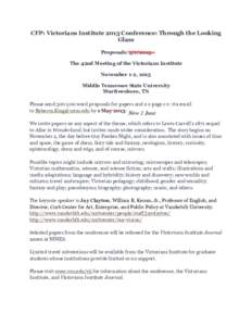 CFP: Victorians Institute 2013 Conference: Through the Looking Glass Proposals: The 42nd Meeting of the Victorians Institute November 1-2, 2013 Middle Tennessee State University
