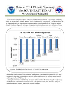 October 2014 Climate Summary for SOUTHEAST TEXAS WFO Houston/ Galveston Rains returned to Southeast Texas during the first half of the month with nary a drop of rain falling during the second half of October. Rainfall ac