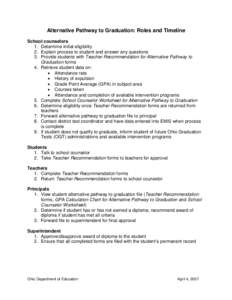 Alternative Pathway to Graduation: Roles and Timeline School counselors 1. Determine initial eligibility 2. Explain process to student and answer any questions 3. Provide students with Teacher Recommendation for Alternat