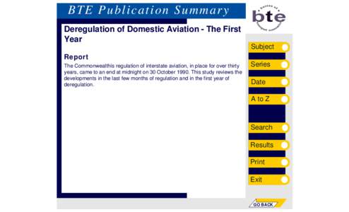 BTE Publication Summary Deregulation of Domestic Aviation - The First Year Subject Report The Commonwealthís regulation of interstate aviation, in place for over thirty