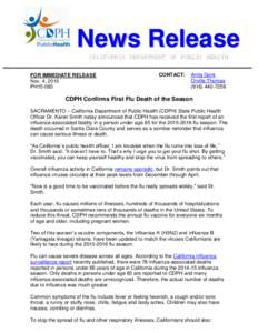 News Release CALIFORNIA DEPARTMENT OF PUBLIC HEALTH FOR IMMEDIATE RELEASE Nov. 4, 2015 PH15-083