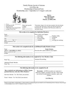 Family History Society of Arizona www.fhsa.org Membership & Renewal Form Membership year: 1 January to 31 December each year  Mail to: