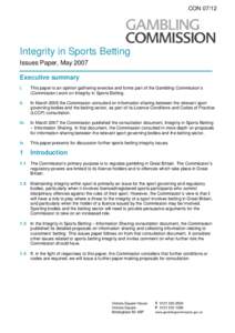 Integrity in sports betting - issues paper - consultation - May 2007