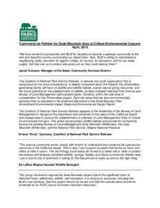 Comments on Petition for Soda Mountain Area of Critical Environmental Concern April, 2015 “We have worked in partnership with BLM for decades to become a gateway community to the wild and beautiful country surrounding 