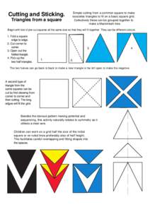 Cutting and Sticking. Triangles from a square Simple cutting from a common square to make isosceles triangles to fit on a basic square grid. Collectively these can be grouped together to