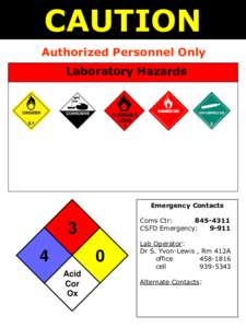 CAUTION Authorized Personnel Only Laboratory Hazards Emergency Contacts Coms Ctr: