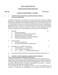 CLASS 12 FRENCH (CODESAMPLE QUESTION PAPER MARCHMM: 100 Time: 3 hours SECTION A (COMPREHENSION – 25 MARKS)