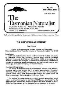 No. 92 JANUARY, 1988 ISSNThe Tasmanian Naturalist