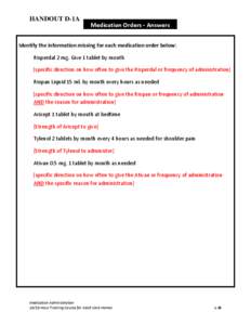 NC DHSR ACLS: Handout D-1A Medication Orders - Answers