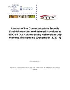 Analysis of the Communications Security Establishment Act and Related Provisions in Bill C-59 (An Act respecting national security matters), First Reading (December 18, December 2017