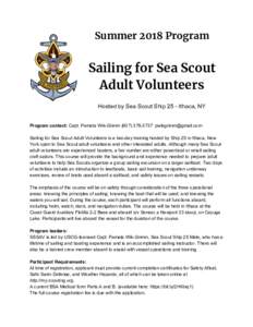Summer 2018 Program     Sailing for Sea Scout  Adult Volunteers Hosted by Sea Scout Ship 25 - Ithaca, NY