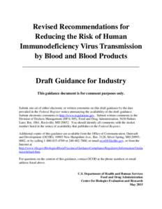Revised Recommendations for Reducing the Risk of HIV Transmission by Blood and Blood Products - Draft Guidance