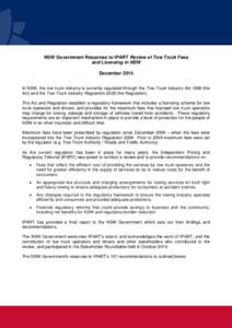 Government respons to IPART review of tow truck fees and licensing in NSW December 2015