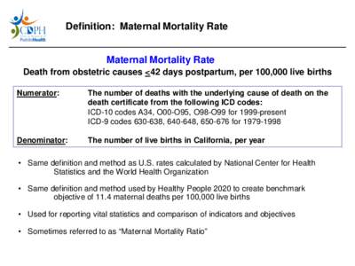 Definition: Maternal Mortality Rate Maternal Mortality Rate Death from obstetric causes <42 days postpartum, per 100,000 live births Numerator:  The number of deaths with the underlying cause of death on the