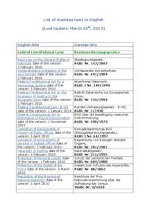 List of Austrian laws in English (Last Update: March 25th, 2014) English title  German title