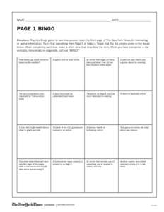 Name_ __________________________________________________________ DATE_______________________  PAGE 1 BINGO Directions: Play this Bingo game to see how you can scan the front page of The New York Times for interesting or 