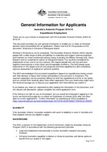 General Information for Applicants Australia’s Antarctic Program[removed]Expeditioner Employment Thank you for your interest in employment with the Australian Antarctic Division (AAD) for[removed]This document provide