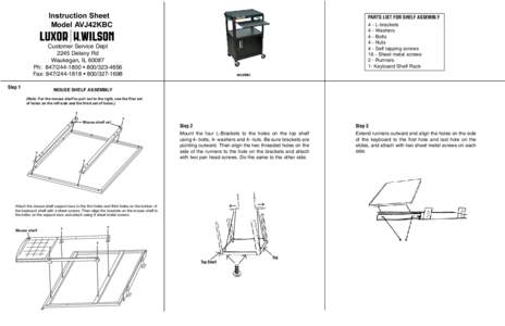 Instruction Sheet Model AVJ42KBC PARTS LIST FOR SHELF ASSEMBLY 4 - L-brackets 4 - Washers