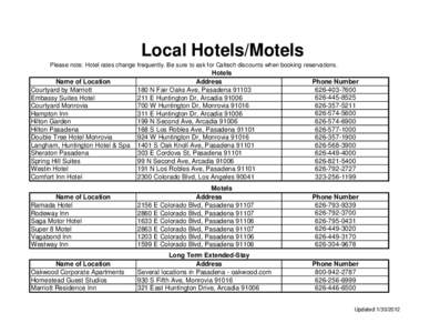 Local Hotels/Motels Please note: Hotel rates change frequently. Be sure to ask for Caltech discounts when booking reservations. Name of Location Courtyard by Marriott Embassy Suites Hotel
